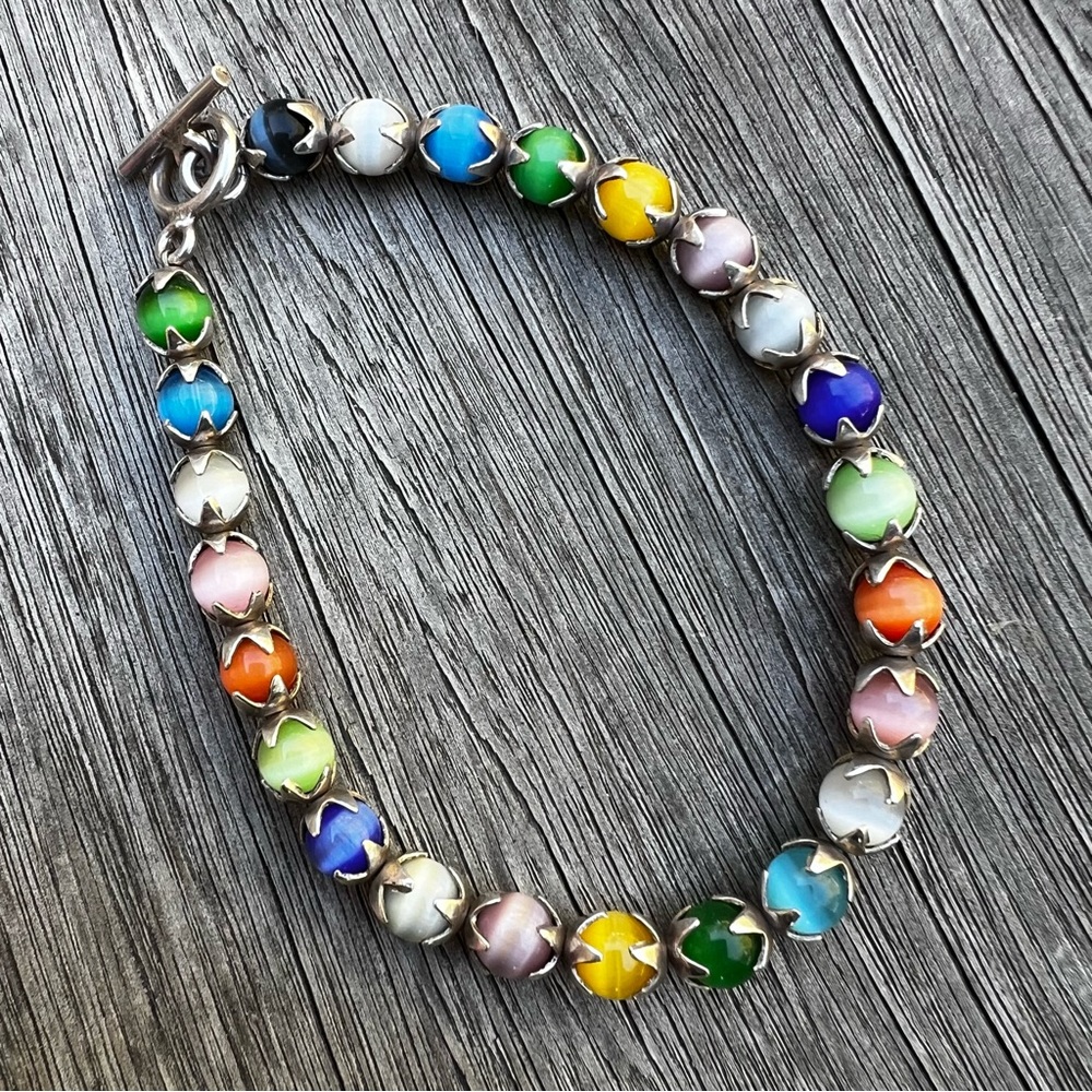 Sterling Silver 925 Toggle Clasp Bracelet Multicolor Cats Eye Beads 8"